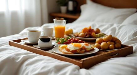 A cozy breakfast in bed on a wooden tray with a drink, surrounded by a laptop on soft white bedding, adding a modern touch, creating a warm, cozy atmosphere, perfect for a relaxing morning.
