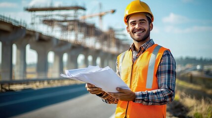 Construction worker holding blueprints smiles confidently on a job site with cranes and infrastructure development in the background under a clear blue sky