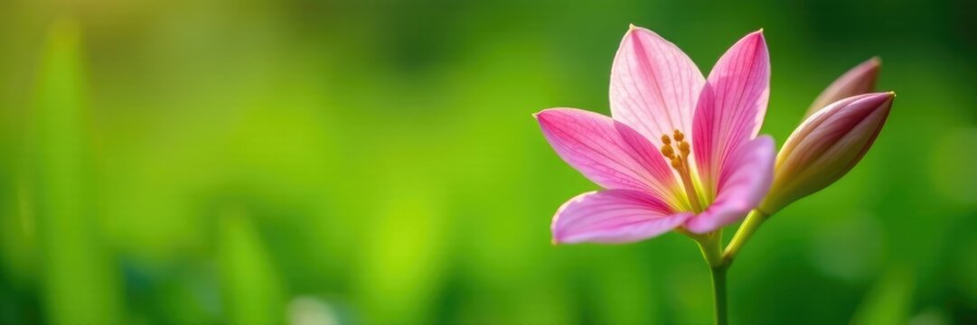 Delicate pink amarcrinum flower in a green meadow, green meadows, botanicals