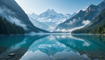 Fototapeta premium Mountain Lake Reflection with Snow-Capped Peaks and Lush Forests