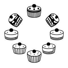 Black-and-White Circular Arrangement of Cupcakes and Donuts: A Minimalist Illustration.