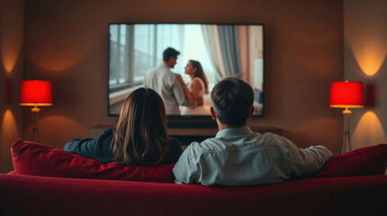 A couple relaxes on a red sofa watching a romantic love story film together. The soft glow from red lamps create a Valentine's Day mood