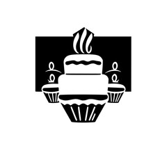 Festive birthday cake with cupcakes in black and white minimalistic illustration on black and white background.
