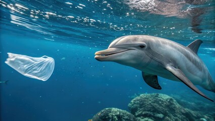 Obraz premium ocean plastic pollution concept, Dolphin interacting with plastic pollution underwater