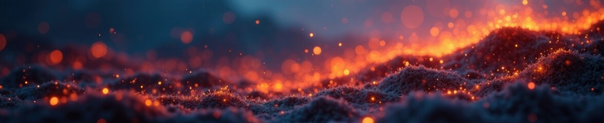 Naklejka premium Glimmering orange tendrils stretch across the landscape, atmospheric glow, luminescent highlights