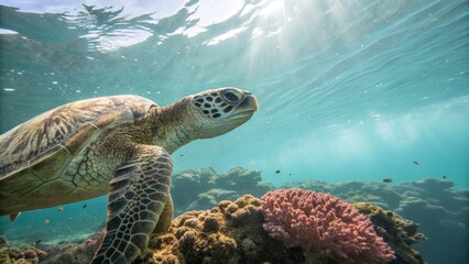 Fototapeta premium Underwater turtle swimming near coral reef