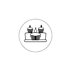 Three cupcakes on a tray, with a candle, and a stylized black and white minimalist design, in a circle.