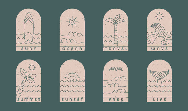 Vintage surfing stamp, t short design template set. Simple surf, sea, ocean vector illustration for surf club, surf shop, surf merch