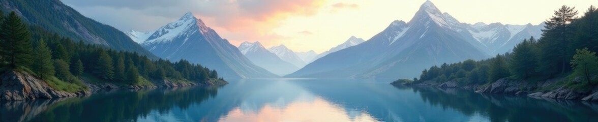 Mountain peaks rising above serene water flow, peaceful, majestic