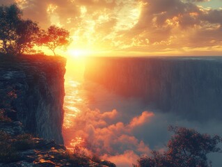 Fototapeta premium Sunset Over Cliffs: Golden Hour Landscape, Dramatic Clouds, Serene Vista, Majestic View, Breathtaking Scenery
