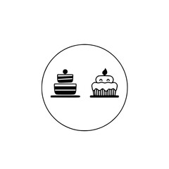 Black-and-white illustration of a cake and a cupcake, showing different types of sweet desserts, in a circle on a white background.