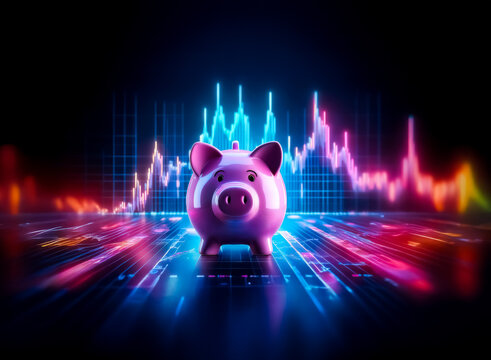 Double exposure artfully merges a piggy bank with vibrant stock market graphs against a dark background.  Financial concept with neon lights.