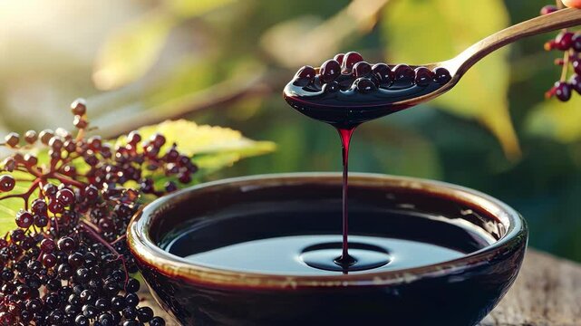 Elderberry syrup close-up. Selective focus