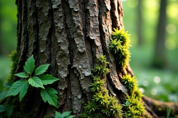 Obraz premium Natural wood texture of a maple tree trunk with moss and ferns, , tree bark