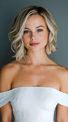 Fototapeta premium A woman in a white off the shoulder top poses for a portrait