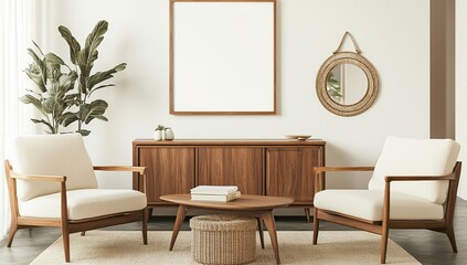 Fototapeta premium Mid Century Modern Living Room: Elegant Chairs, Wooden Cabinet, and Woven Decor Accents Beautifully Arranged.
