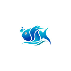 Fish logo with water design combination, blue color, animal logos