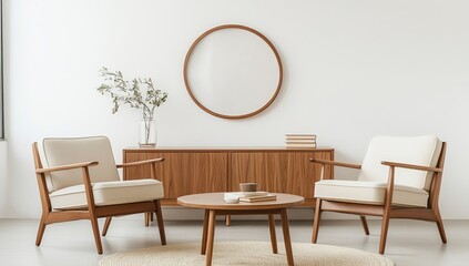 Fototapeta premium Mid-Century Modern Living Room: Wooden Chairs, Cabinet, and Coffee Table Decor