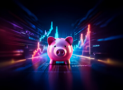 Pink piggy bank merges with vibrant stock market graph in double exposure. Neon lights illuminate a futuristic financial scene. Investment concept visualization.