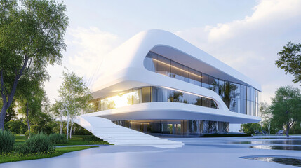scientific futuristic white tehcnology building interior 3d render illustration