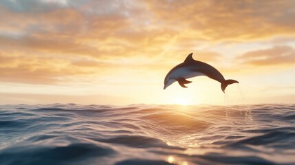 A dolphin leaping out of the ocean at sunset, water droplets sparkling in the golden light