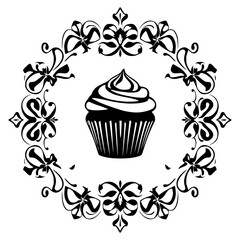 A stylized black and white illustration of a cupcake in a floral design.