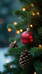 Ornaments and lights adorn an evergreen branch with pinecones, winter, pinecones