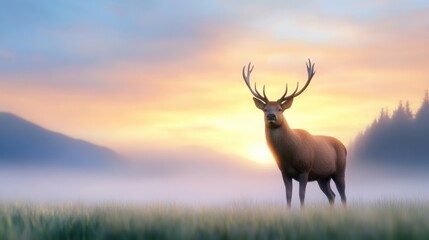 stag standing in a foggy meadow at dawn, golden rays illuminating its antlers, cinematic wildlife scene