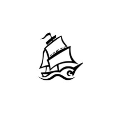 Minimalist Black and White Sailboat Graphic on White Background. Stylized Vessel.