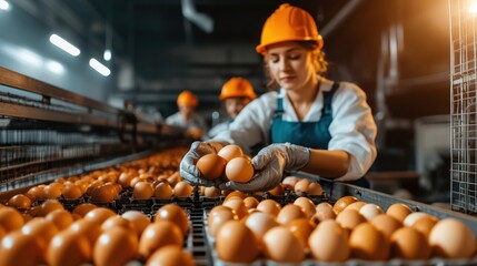 A dedicated worker in a poultry farm collects eggs with precision, illustrating the essence of hard work and the agricultural process in a vibrant industrial setting.