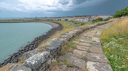 Coastal Stone Path Landscape: Scenic Seaside Town View with Dramatic Sky and Wildflowers