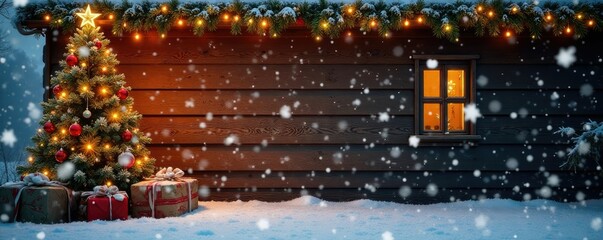 Snowflakes gently fall on a wooden wall covered with festive Christmas decorations, garland, cabin