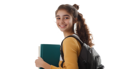 A middle school female student carrying a backpack and a book