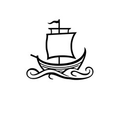 Sailing Ship on Waves: A Black-and-White Vector Illustration.