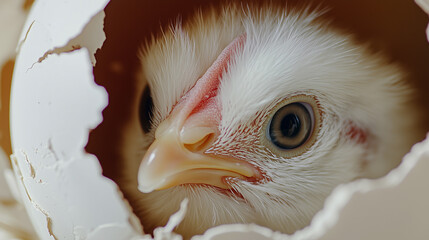 Frisch geschlüpftes Küken sitzt noch in der Eierschale und schaut hinaus.