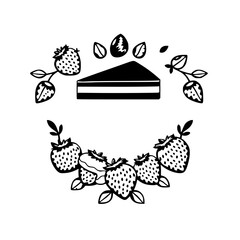 Black and White Vector Illustration of a Cake Slice surrounded by Strawberries and Nuts.