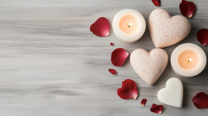 Obraz premium 14 february, cozy romantic arrangement with heart-shaped candles and rose petals on a wooden surface