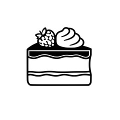 A black and white illustration of a slice of cake, adorned with a raspberry and a swirl of whipped cream, on a white backdrop.