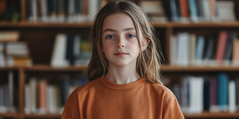 Girl in orange sweater with blue eyes in library. Education campaign