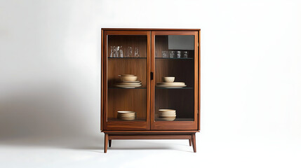A wooden cabinet with glass doors and a white background