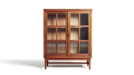 A wooden cabinet with glass doors and a white background