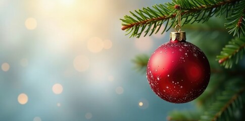 Twinkling red glass bauble hanging from a evergreen branch, festive, sparkling, glass