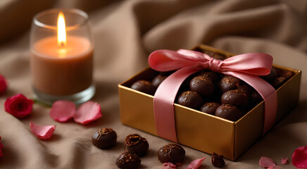 Chocolates are packed in a brown gold box, decorated with a light pink satin ribbon, around which are sprinkled rose petals and small pieces of chocolate, and candles in a glass give off a warm glow.