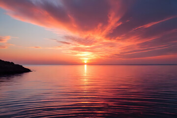 Obraz premium Dramatic cloudscape at dusk, featuring a fiery orange sun setting over the horizon.