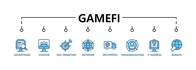Gamefi banner web icon vector illustration concept with icon of defi, white paper, play to earn, digital token, nft, blockchain, pool rewards and staking