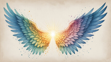 Obraz premium Colorful angel wings with a radiant light in the center on a soft textured background