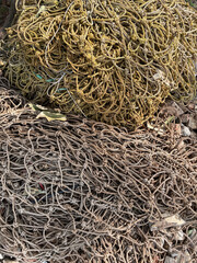 Stack of plastic soccer goal net ropes. rope netting as background