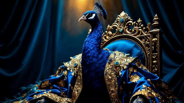 Majestic peacock unfurling feathers on ornate throne in luxurious setting