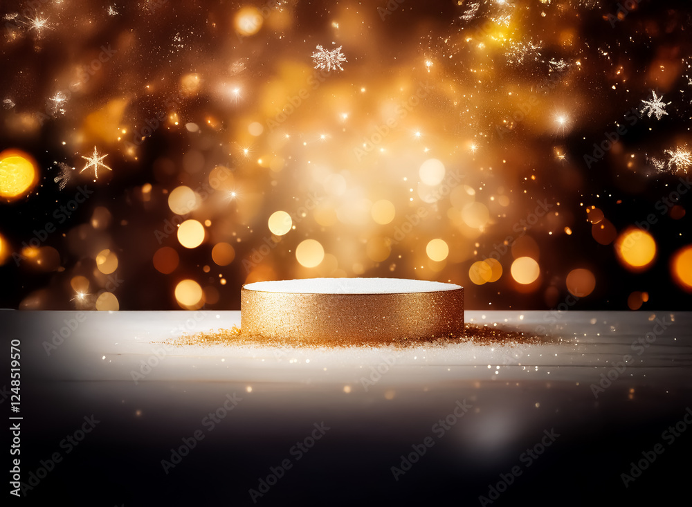 Poster golden platform presents in a double exposure scene with a blurred, sparkling golden bokeh backgroun