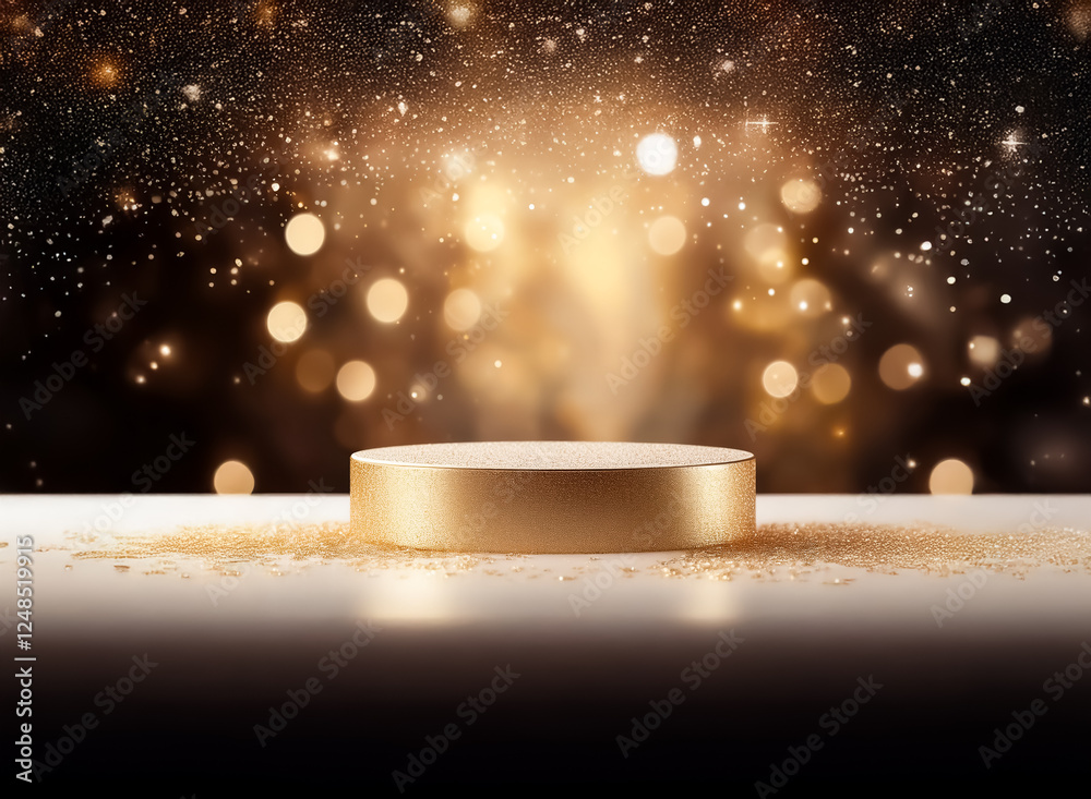 Wall mural golden podium stands in soft light with a double exposure effect of sparkling bokeh and glitter. ide